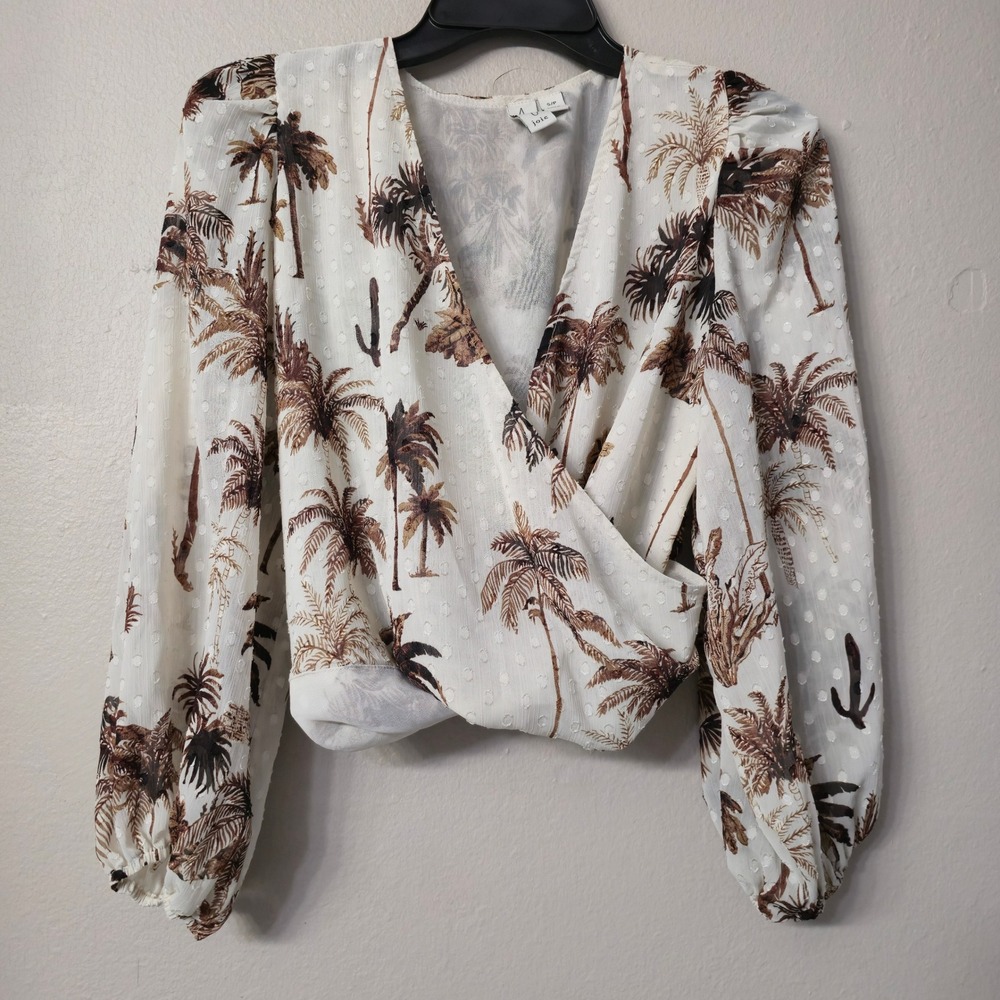 Joie Palm Tree Print Clip Dot Blouse White Brown Surplice V-Neck Smocked Crop S